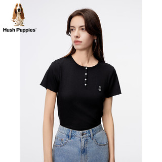 Hush Puppies暇步士女士2024夏季亲肤莫代尔混纺修身简约短袖T恤 188黑色 XS