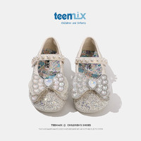 天美意（TEENMIX）天美意女童水晶鞋公主2024春季儿童皮鞋水钻演出单鞋宝宝 米色 单层  33码
