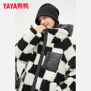 鸭鸭（YAYA）羽绒服女2022年冬季中长款韩版时尚羊羔毛连帽鸭绒保暖外套HS 黑白格色 160/M