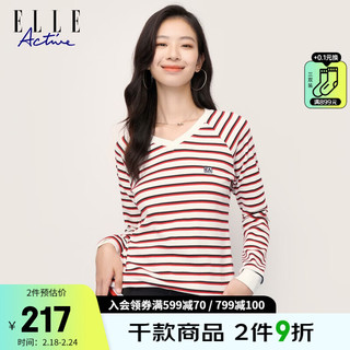 ELLE ACTIVE 采拾光芒系列气质条纹V领长袖T恤女装秋季独特绣花标休闲针织T恤