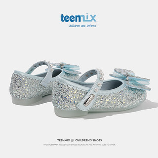 天美意（TEENMIX）天美意女童水晶鞋公主2024春季儿童皮鞋水钻演出单鞋宝宝 蓝色 单层  37码