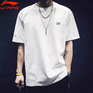 LI-NING 李宁 lining）短袖T恤男2023新款夏季纯棉运动圆领半袖宽松情侣休闲文化衫 167-1白色 XL