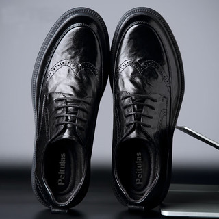波图蕾斯（Poitulas）皮鞋男士低帮系带手抓纹商务休闲鞋英伦布洛克婚鞋 2996 黑色 40 
