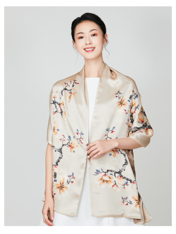 吴蚕里 真丝披肩女带盘扣双层双面印花桑蚕丝丝巾礼盒装好看的女士