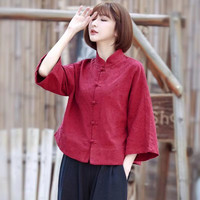 窈窕媄春秋季中式盘扣衬衫棉麻上衣女高端禅意唐装女装复古中国风素衣 【F143】酒红色上衣 XL 105-115斤