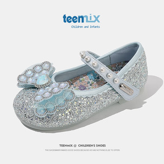 天美意（TEENMIX）天美意女童水晶鞋公主2024春季儿童皮鞋水钻演出单鞋宝宝 蓝色 单层  34码