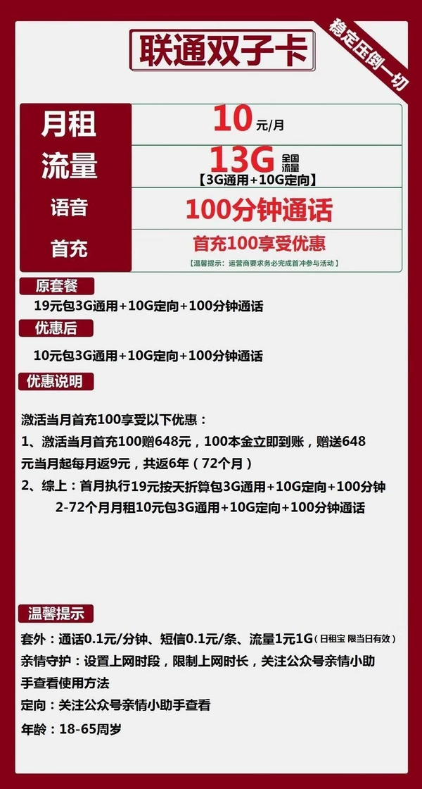 China unicom 中国联通 双子卡 六年10元月租 （13G全国流量+100分钟通话+视频会员）赠狮王牙膏4支