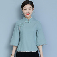窈窕媄(YAOTIAOMEI)春夏季汉服禅意女装改良旗袍唐装女中袖上衣中国风复古盘扣茶艺服 【F156】蓝色上衣 XL 105-115斤