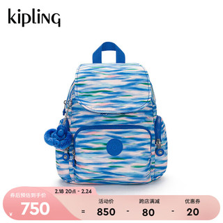 Kipling男女款轻便帆布2024春季双肩包猴子包|CITY ZIP系列 MINI-稀释蓝粉印花