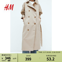 H&M女装风衣2024春季舒适双排扣平驳领及踝长袖外套1115204 米色006 155/80A