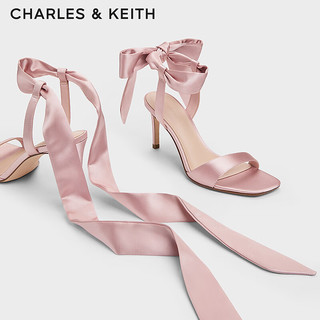 CHARLES&KEITH24春一字带缎面蝴蝶结绑带高跟鞋CK1-61720177 粉红色Pink 34