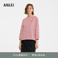AIGLE艾高七分袖T恤2024年春夏新款户外休闲时尚条纹圆领女士上衣 红色 BC621 40
