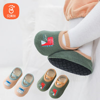 贝瑞加（Babyprints）宝宝学步袜2双儿童地板袜四季婴儿软底鞋袜室内保暖袜套 绿卡其M M（内长14cm）