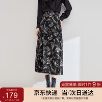 SENTUBILA 尚都比拉 裙子秋冬女遮胯显瘦半身裙高腰改良版印花马面裙 黑底白花 L