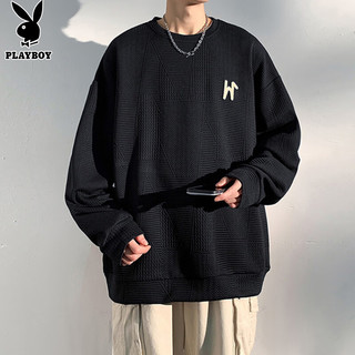 花花公子（PLAYBOY）卫衣男士外套男装秋冬季宽松休闲长袖T恤上衣服打底衫 黑色 XL