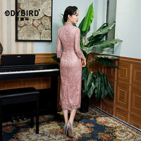 ODYBIRD品牌女装蕾丝旗袍女秋冬复古日常改良版中长款 粉色 M