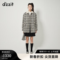 DZZIT地素小香风粗花呢中长大衣春秋季新款衬衫皮领设计外套女 黑色