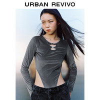 URBAN REVIVO UR2024春季女装欧美风修身丝绒连体镂空长袖T恤UWV440004 浅灰 S