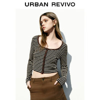 URBAN REVIVO UR2024春季女装休闲简约撞色U领修身短款长袖T恤UWL440049 卡其色条纹 M