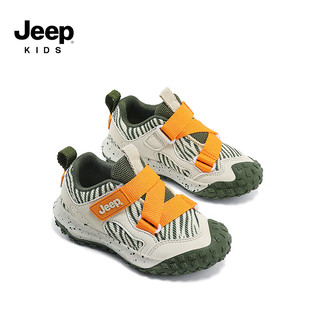 Jeep吉普儿童运动鞋软底防滑女童鞋2024春季网面透气跑鞋男童鞋子 米/橄榄绿-网面 单层 30码 鞋内长约19.3cm