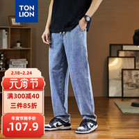 唐狮 TONLION男橡筋抽绳直筒牛仔长裤TB 中牛仔蓝 S