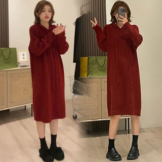 婧麒（JOYNCLEON）新年连衣裙时髦针织连帽裙子中长款宽松显瘦打底长裙冬季 红色连衣裙 XL
