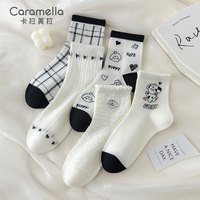 Caramella 卡拉美拉 短筒袜子女春秋款透气棉袜薄袜女士不掉跟短袜少女中筒袜 小狗短筒女袜5双装-黑白 均码