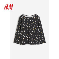 H&M童装女童儿童T恤2024春季柔软舒适卡通印花长袖上衣T恤0922700 深灰色/心形 110/56