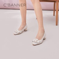 C.BANNER 千百度 女鞋新款尖头方扣粗跟单鞋时尚百搭气质女鞋