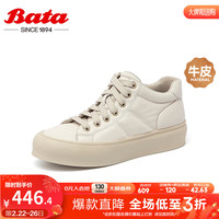 Bata 拔佳 休闲鞋女2024春季牛皮通勤百搭时尚高帮板鞋UAH01AM4 米白 37