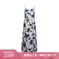 ochirly欧时力 丝绒烧花印花吊带连衣裙女2024早春长裙法式 白底黑 XS