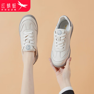 红蜻蜓女鞋小白鞋运动休闲鞋2024春季厚底增高系带轻便皮面板鞋 米灰 37