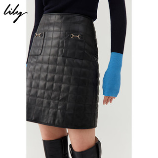 LILY2022冬女装时尚气质通勤甜酷柔软PU皮质短裙 510黑 L