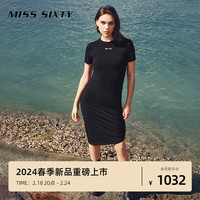 MISS SIXTY2024春季连衣裙女圆领短袖抽褶设计感不规则休闲风 黑色 XS
