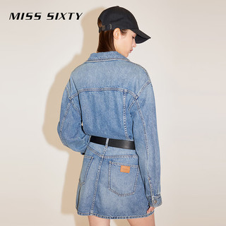 MISS SIXTY2024春季牛仔连衣裙女假两件复古翻领单排扣工装裙 中蓝 XS