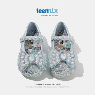 天美意（TEENMIX）天美意女童水晶鞋公主2024春季儿童皮鞋水钻演出单鞋宝宝 蓝色 单层  28码