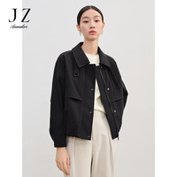 玖姿·安娜蔻优雅设计感落肩松紧小个子短款外套风衣2024春季 素黑 S