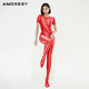  AMORESY Electra系列彩色半袖油亮光泽丝滑弹力打底紧身性感T恤 红色 M　