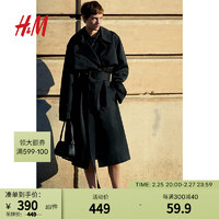 H&M女装风衣2024春季时尚休闲英伦风斜纹布双排扣大衣1202758 黑色 155/76A XXS