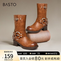 BASTO 百思图 西部牛仔靴中筒骑士靴粗跟女ZD105DZ3