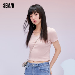 semir森马短袖t恤女短款刺绣国风甜酷2022夏季新款修身纯棉针织衫国潮