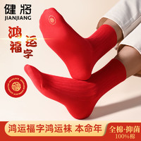 JianJiang 健将 本命年全棉大红袜子男士纯棉抗菌男生红色长袜中筒男袜属龙男