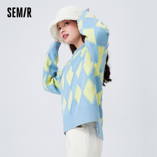 森马（Semir）毛衣女菱形格开叉上衣复古时尚冬季oversize圆领毛衫101722107011 黄蓝色调00338 M