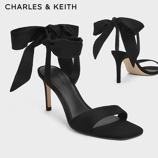 CHARLES&KEITH24春一字带缎面蝴蝶结绑带高跟鞋CK1-61720177 BLACK TEXTURED黑色纹理 37