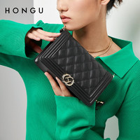 HONGU 红谷 包包女包菱格单肩包通勤头层牛皮斜挎包小方包H5124527漆黑