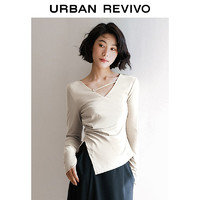 URBAN REVIVO UR2024春季女装时尚气质不规则褶皱修身V领T恤UWG440031 米白 S