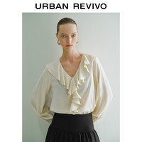 URBAN REVIVO UR2024春季女装优雅荷叶边V领罩衫衬衫UWG240020 米黄 XS