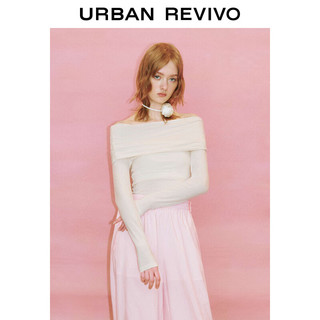 URBAN REVIVO UR2024春季女装都市气质褶皱一字领修身长袖T恤UWU440044 粉白 M