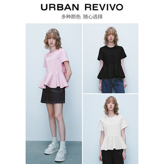 UR2024夏季女装都市休闲拼接设计感捏褶圆领T恤衫UWU440042 浅粉色 XS