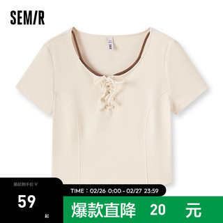 森马（Semir）短袖T恤女短款假两件温柔优雅2024夏紧身绑带衣服芭蕾风 奶白10501 155/80A/S